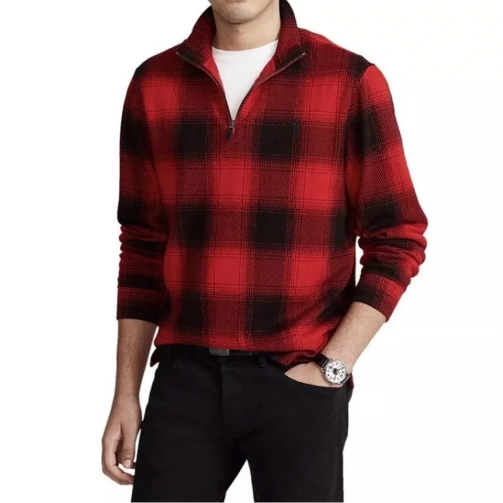 POLO Ralph Lauren Checked Buffalo Plaid Estate Rib Pullover 1/4 zip Sz S EUC